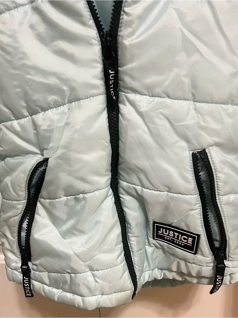 Justice Light Mint Blue Hooded Puffer Jacket with Faux-Fur Sleeves
